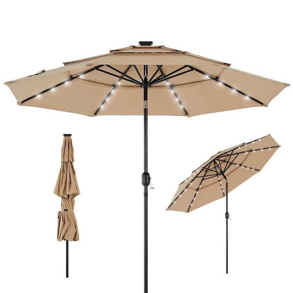 FIRNEWST 10FT 3-Tier Solar Patio Umbrella with 32 LED Lights Outdoor Umbrellas with Push Button Tilt and Crank in Khaki