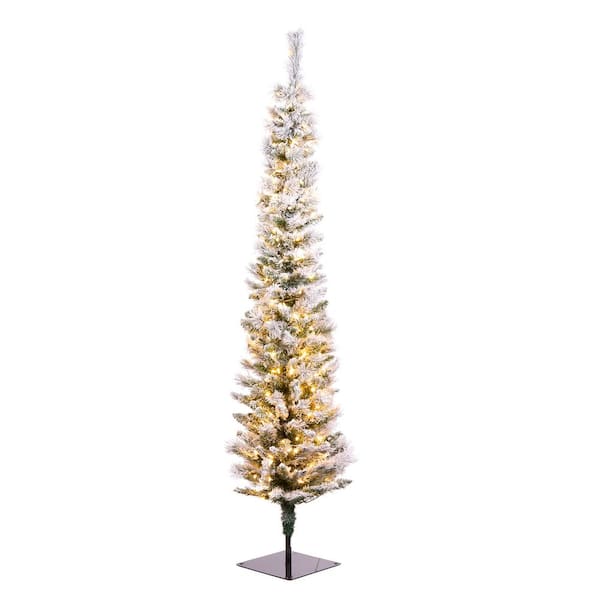 6 ft. Pre-lit Artificial Flocked Nooksack Fir Pencil Hinged Tree, 250 Warm White LED Lights-UL