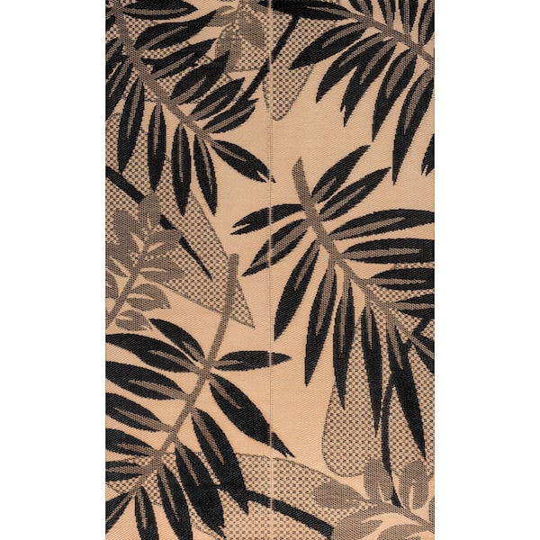 Wilde Classic Botanical Foldable Waterproof Reversible Plastic Straw Black/Cream 9 ft. x 12 ft. Outdoor Rug