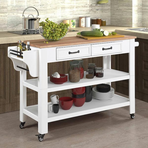 Unbranded White and Natural Wood Kitchen Cart with 2 Drawers