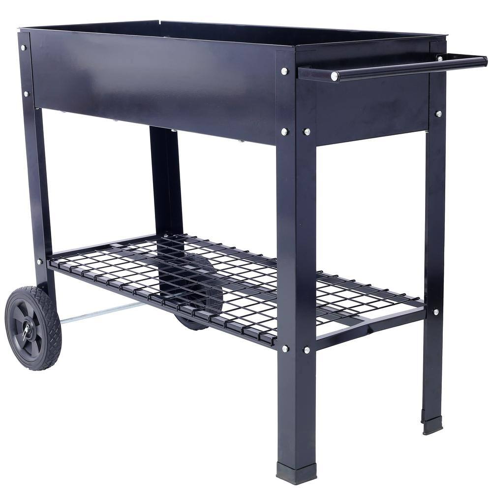 Black Steel Elevated Garden Bed with Shelf and Wheels