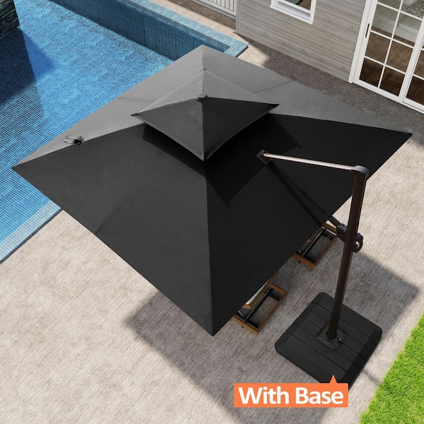 Pellebant 10 ft. Square Aluminum 360° Rotation Offset Cantilever Patio Umbrella in Black and Umbrella Stand Fillable Base