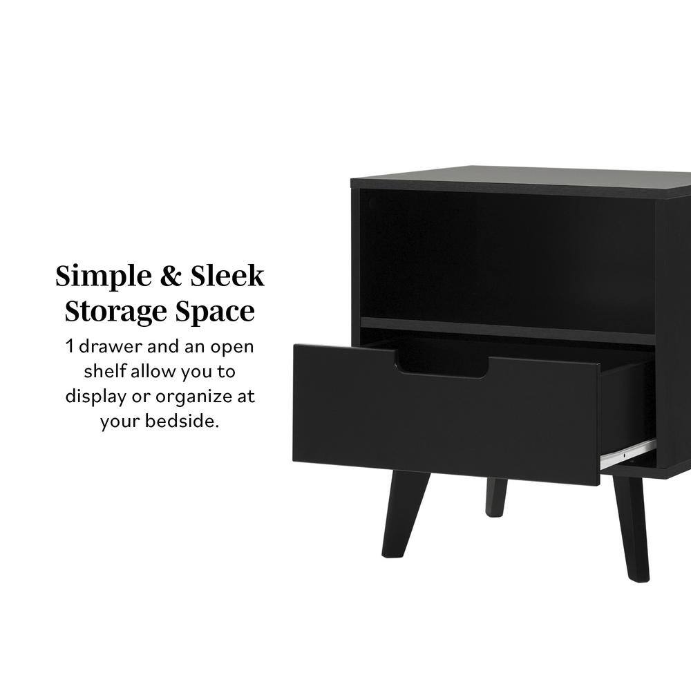 Black MDF 1-Drawer Nightstand with Open Cubby