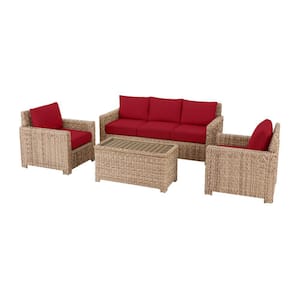 Laguna Point 4-Piece Natural Tan Wicker Outdoor Patio Conversation Seating Set with CushionGuard Chili Red Cushions