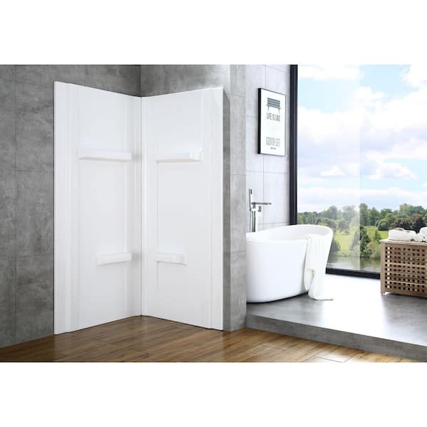 Maia 42 in. W x 79.5 in. H 2-Piece Direct-to-Stud Acrylic Corner Shower Wall Set in White with Shelves