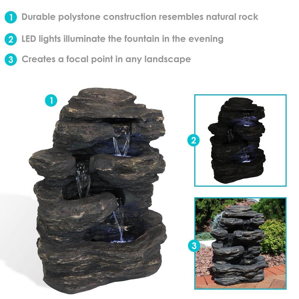 Gray Polystone Rocky Falls Outdoor Fountain with LED Lights