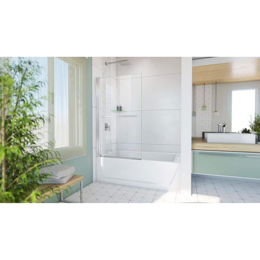 Aqua-Q Frameless Chrome Tub Door with Towel Bar
