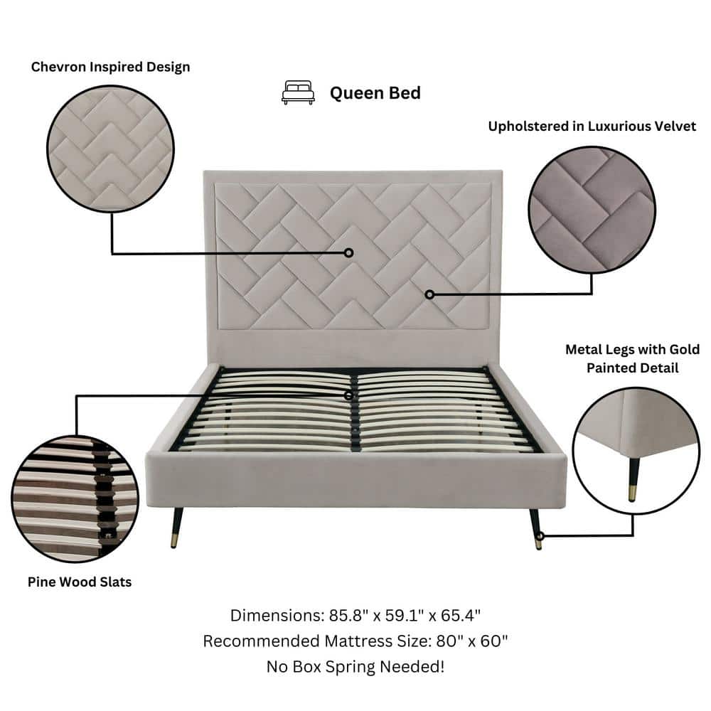 Queen Cream Velvet Upholstered Bed with Chevron Headboard
