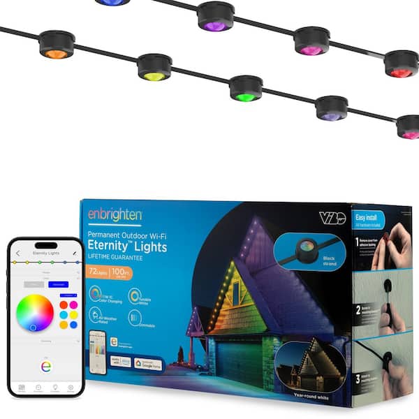 Enbrighten 72 Light 100 ft. Outdoor Plug-in Integrated LED Permanent Eave Puck String-Light, Black