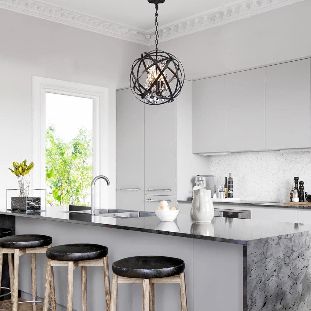 Antique Black Metal Globe Crystal 4-Light Chandelier