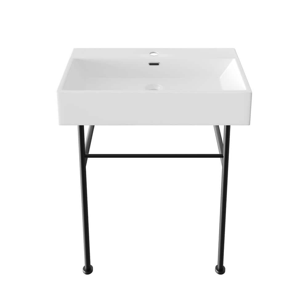 30" White Ceramic Console Sink with Black Stainless Steel Legs