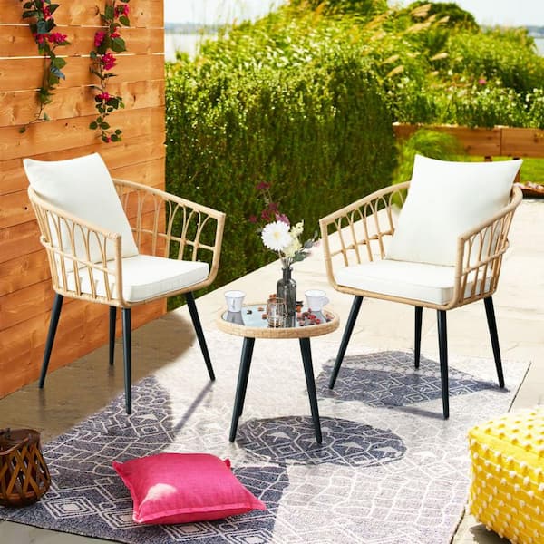 MIRAFIT 3-Piece Rattan Wicker Patio Conversation Set with beige cushions