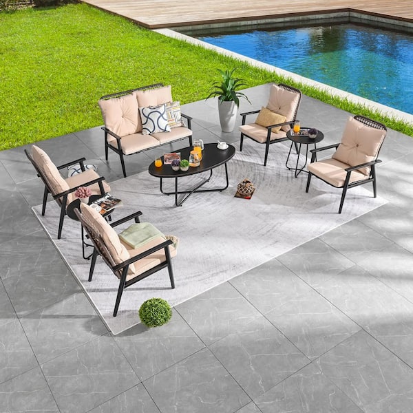 Patio Festival 8-Piece Metal Patio Conversation Set with Beige Cushions