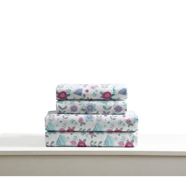 Kute Kids 3-Piece Pink and Grey Floral Twin Sheet Set