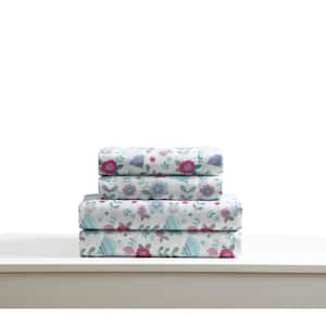 4-Piece Pink and Grey Floral Full Sheet Set