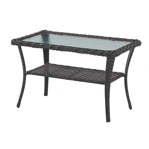 Flat Armrest Series Black Rectangle Wicker Outdoor Length Glass Side Table