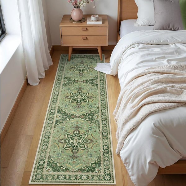 Samar Machine Washable Green 2 ft. x 7 ft. Medallion Indoor Area Rug