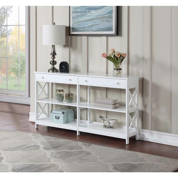 Convenience Concepts Oxford 60 in. White Standard Height Rectangle Wood Console Table with 2 Drawers and Shelves