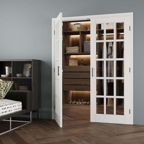 60 in. x 80 in. 15-Lite Clear Glass Universal White Solid Core Wood Double Prehung French Door with Frame Set,Ball Catch