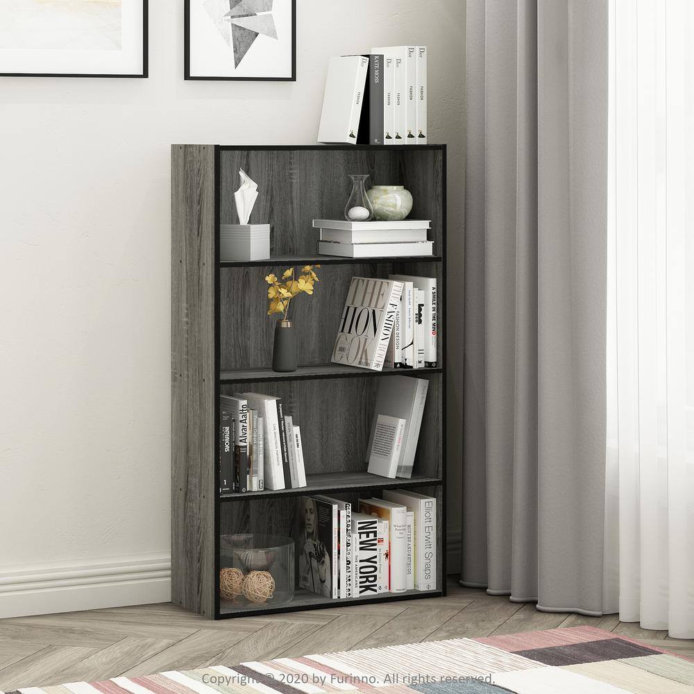 French Oak Grey 4-Tier Wood Open Shelf Bookcase