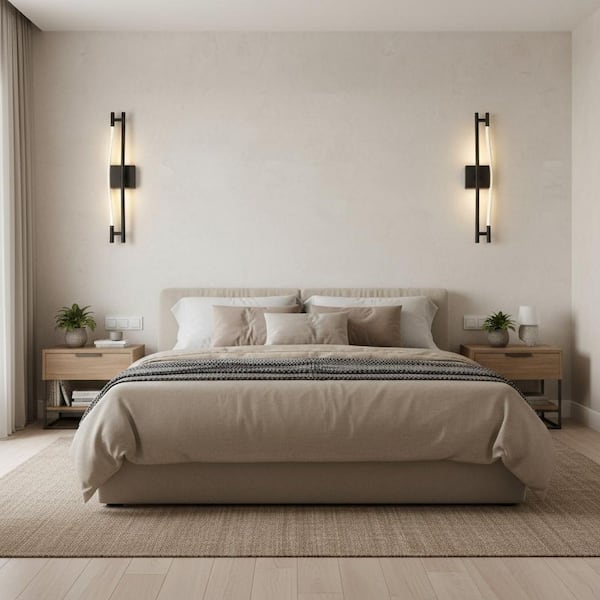 25 in. 1-Light Black Braided Light Strip LED Wall Sconces, Dimmable  with Remote for Bedroom and Living Room, 2 Pack