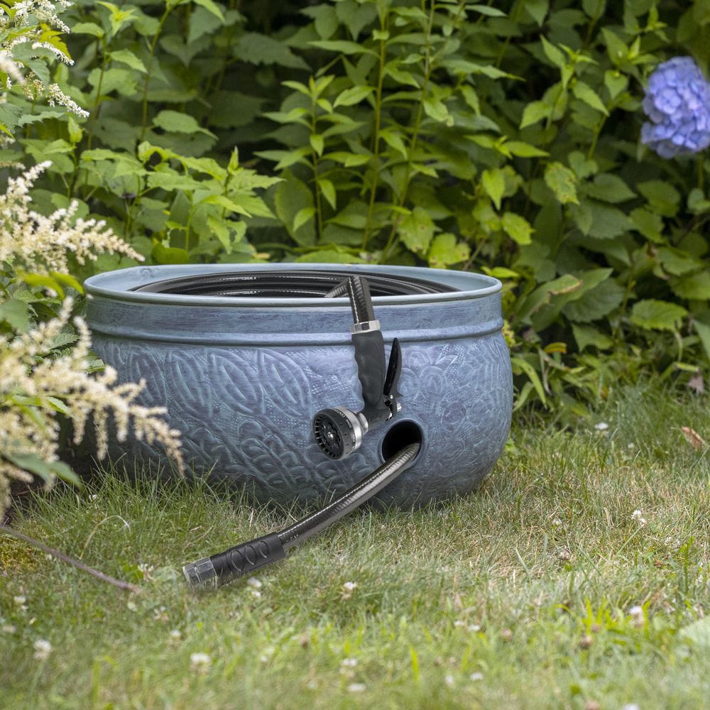 Large Blue Verde Copper Garden Hose Pot with Fern Details