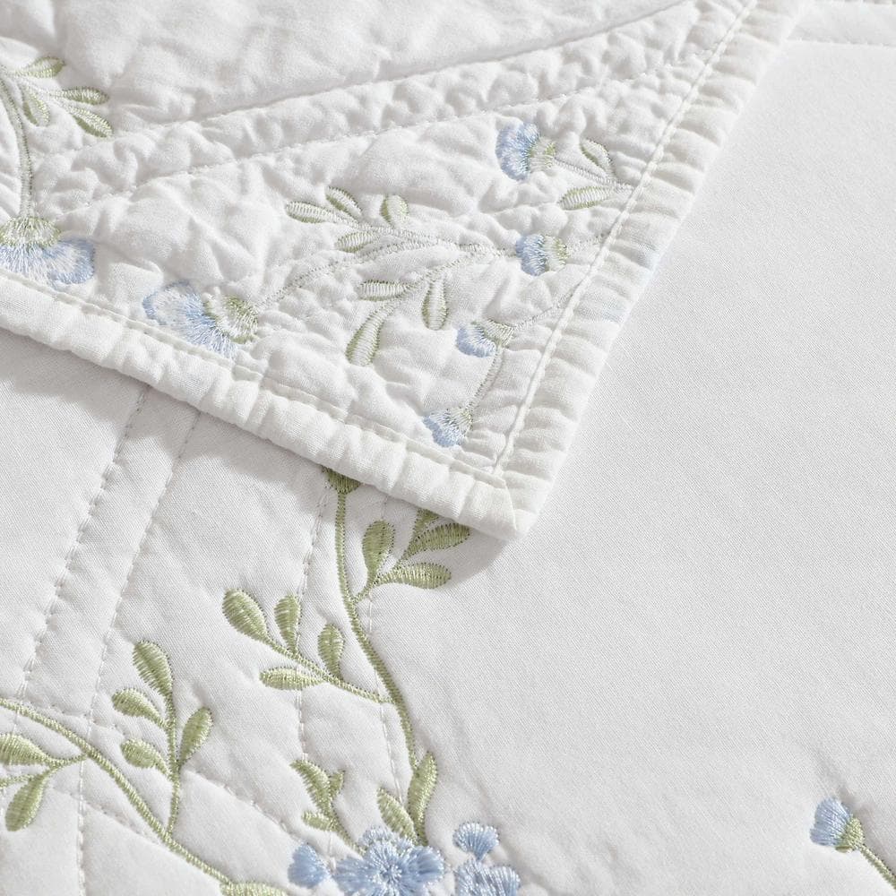 Blue Floral Embroidered Cotton Twin Quilt Set