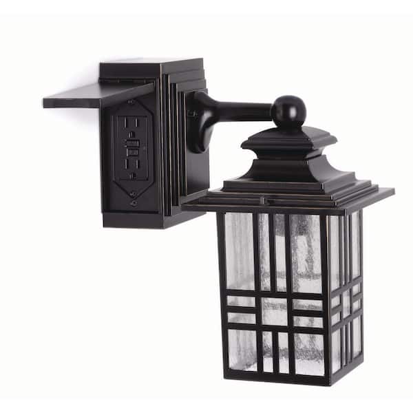 Hampton Bay Mission 12.9 in. 1-Light Black with Bronze Highlight Outdoor Wall Light Lantern Sconce with Built-In Electrical Outlet