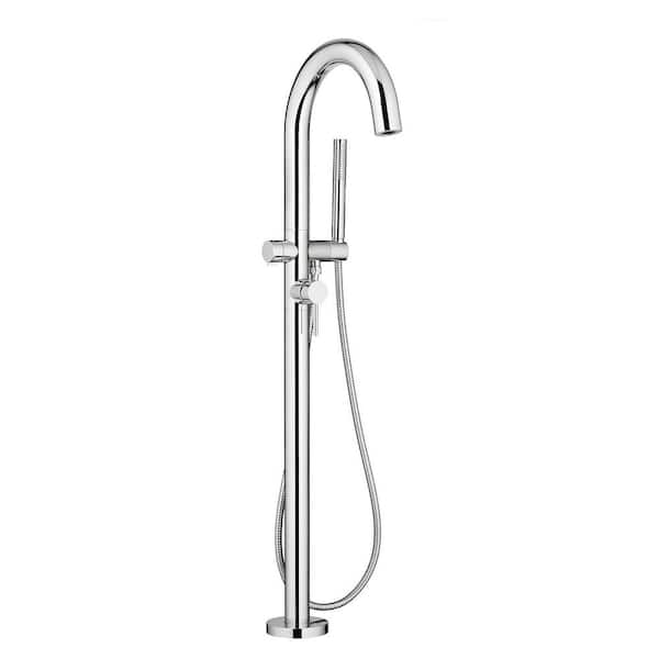 Contemporary Round 1-Handle Freestanding Roman Tub Faucet for Flash Rough-in Valve with Hand Shower in Polished Chrome