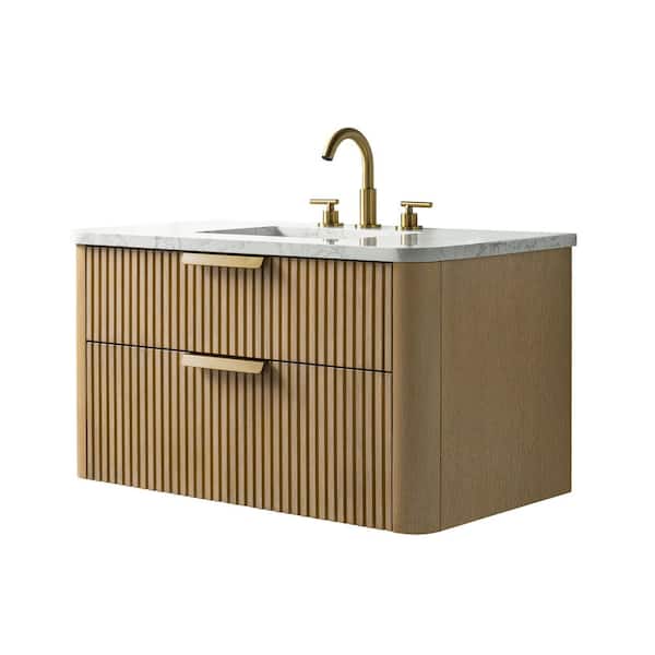 Warren 36 in. W Floating Bath Vanity in Classic Oak with Engineered Stone Top in Arabescato and White Sink