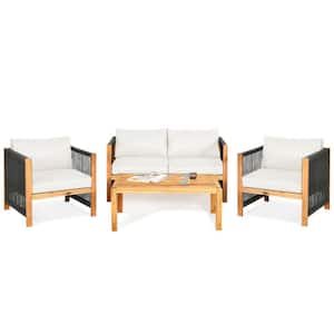 4-Piece Acacia Wood Patio Conversation Set with White Cushions for Outdoor Patio