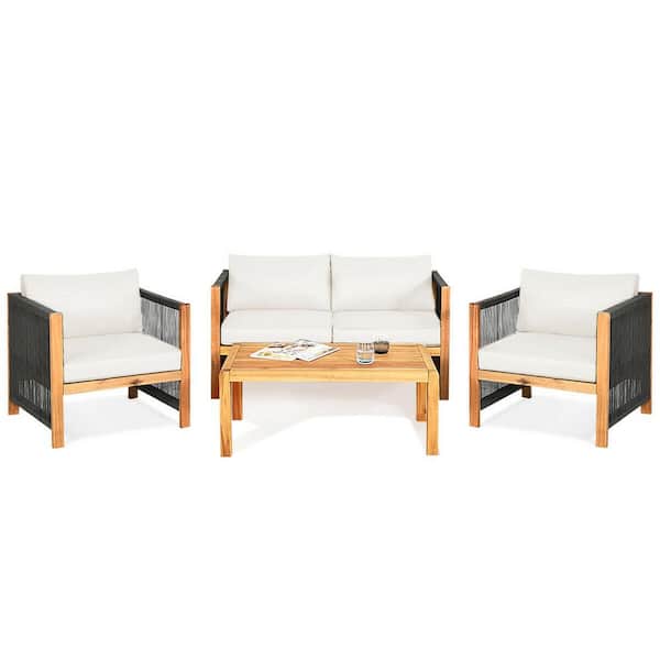 ANGELES HOME 4-Piece Acacia Wood Patio Conversation Set with White Cushions for Outdoor Patio