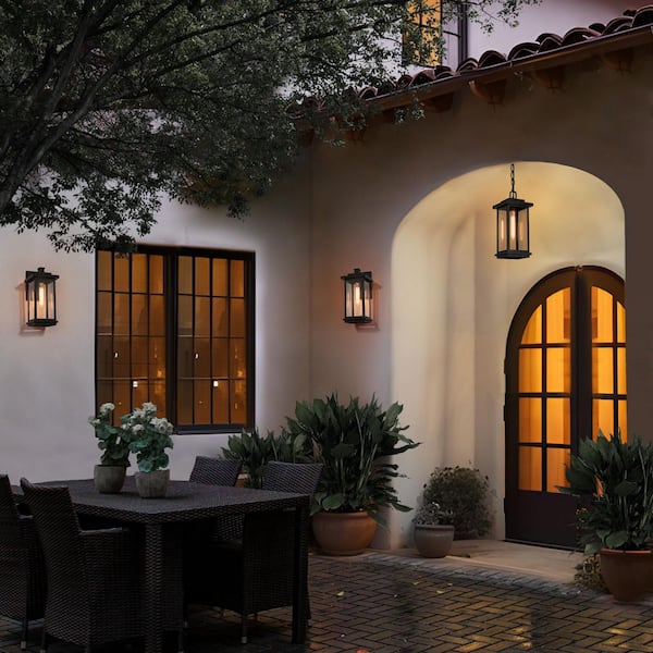 Modern 15 in. 1-Light Black Dimmable Outdoor Pendant Light with Clear Glass Shade, Porch Hanging Lantern, LED Compatible