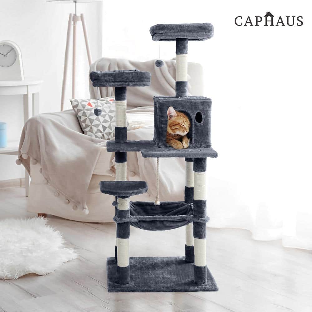 Smoky Grey 58-Inch Multi-Level Cat Tree with Hammock and Scratching Posts