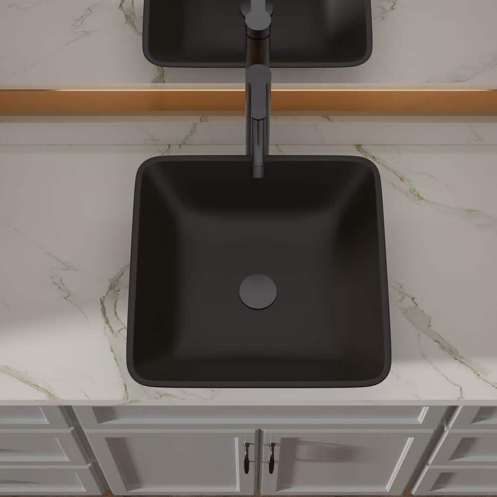16" Square Matte Black Tempered Glass Vessel Sink