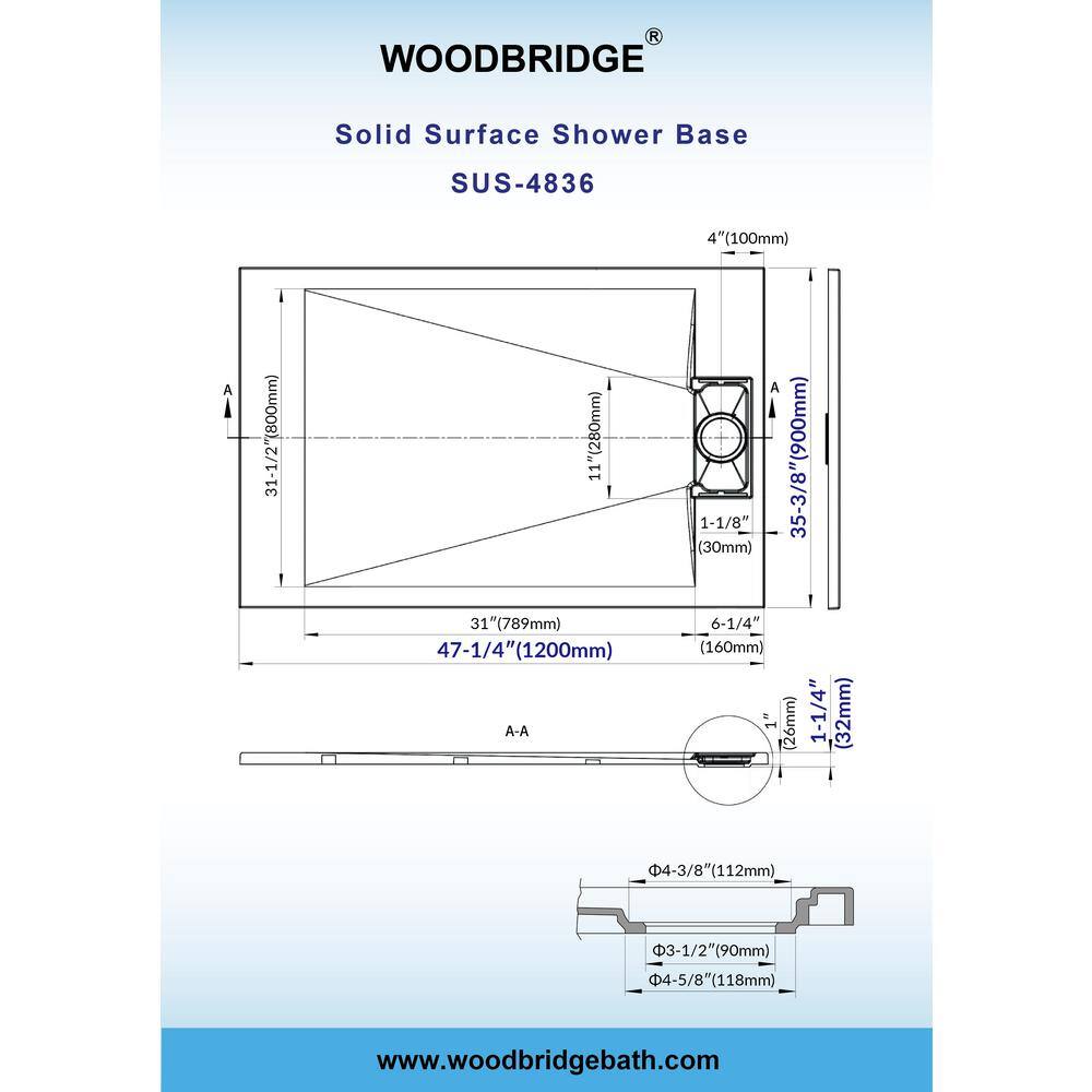47.25" W x 35.4" D Solid Surface Rectangular Shower Base, Non-Slip, Low-Profile, Curbless, Wheelchair Accessible