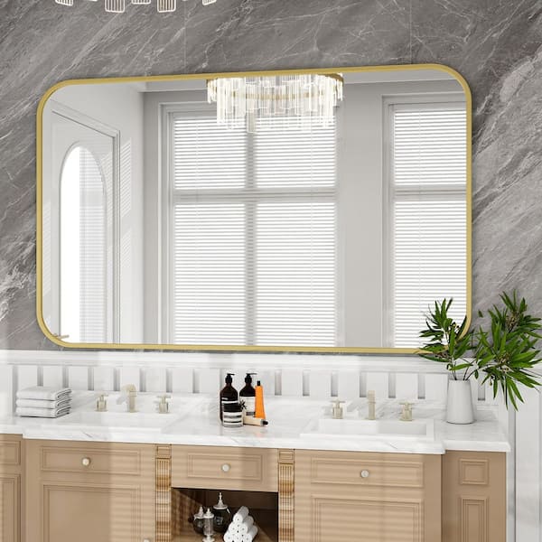 30 in. W x 48 in. H Rectangular Modern Aluminum Alloy Framed Rounded Gold Wall Mirror