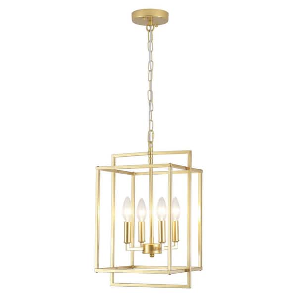 4-Light Gold Modern Geometric Rectangle Lantern Hanging Ceiling Chandelier Kitchen Island Pendant Light
