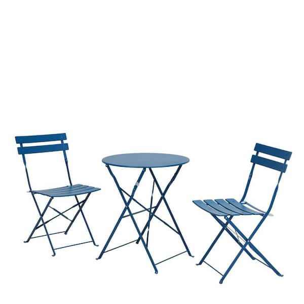 Tatahance 23.6 in. Blue Small Round Steel Coffee Table with 2-Piece Chair