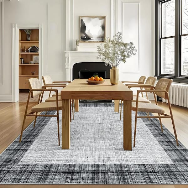 Light Gray 8 ft. x 10 ft. Non-Slip Border Print Rug Machine Washable Ultra Thin Soft for Bedroom Dining Room Office