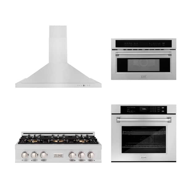 36 in. Gas Cooktop, 30 in. Microwave, 36 in. Range Hood, 30 in. Single Wall Oven in Stainless Steel (4-Piece Set)