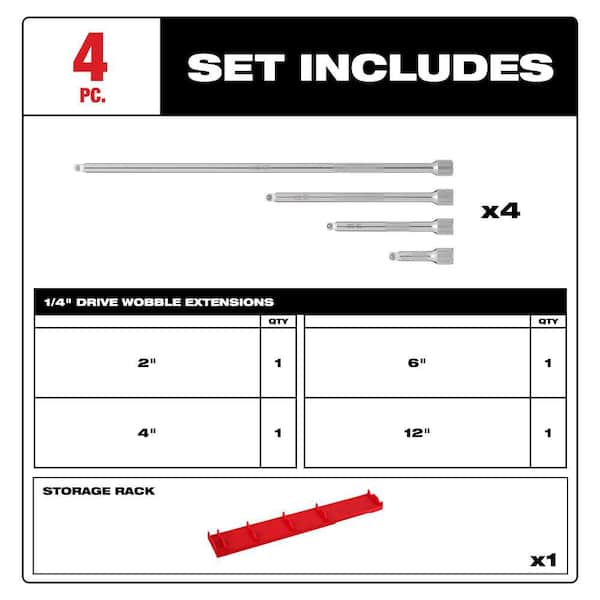 Milwaukee 1/4 in. Drive Wobble Extension Set (4-Piece) 48-22-9350