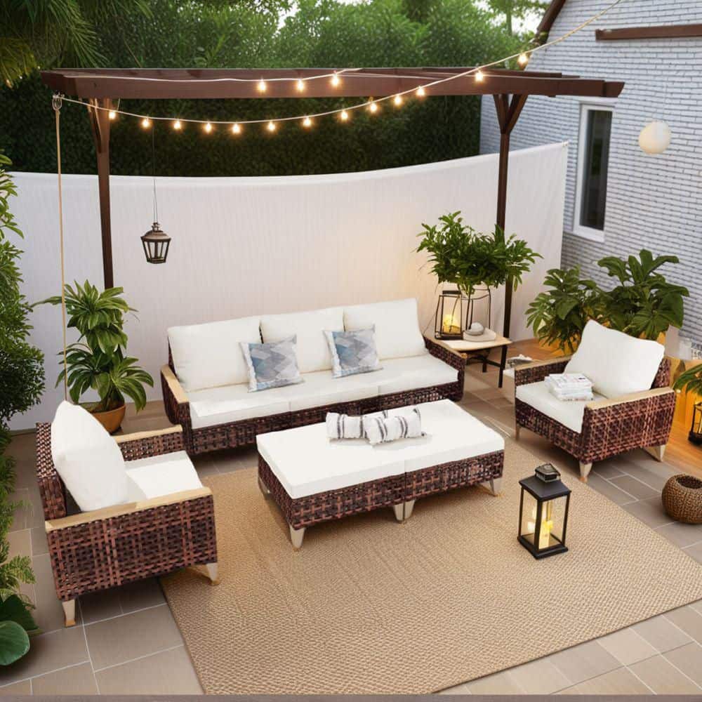 5-Piece Wicker Outdoor Sectional Seating Set with White Cushions, Patio Furniture Set for Garden, Backyard and Lawn price history on PriceWatchPro