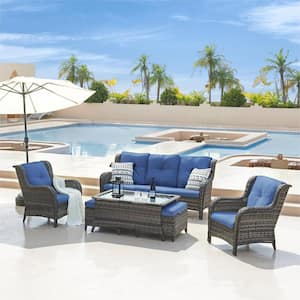 Carolina 6-Piece Gray Wicker Patio Outdoor Conversation Set with Blue Cushions