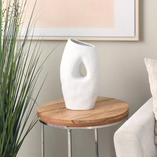 Litton Lane White Textured Ceramic Abstract Decorative Vase with Cutout Center