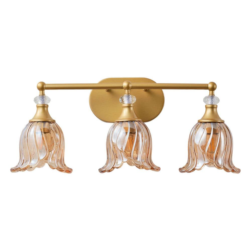 22.83 in. 3-Light Brushed Brass Bathroom Vanity Light Vintage Wall Lamp Over Mirror with Amber Flower Glass Shade price history on PriceWatchPro