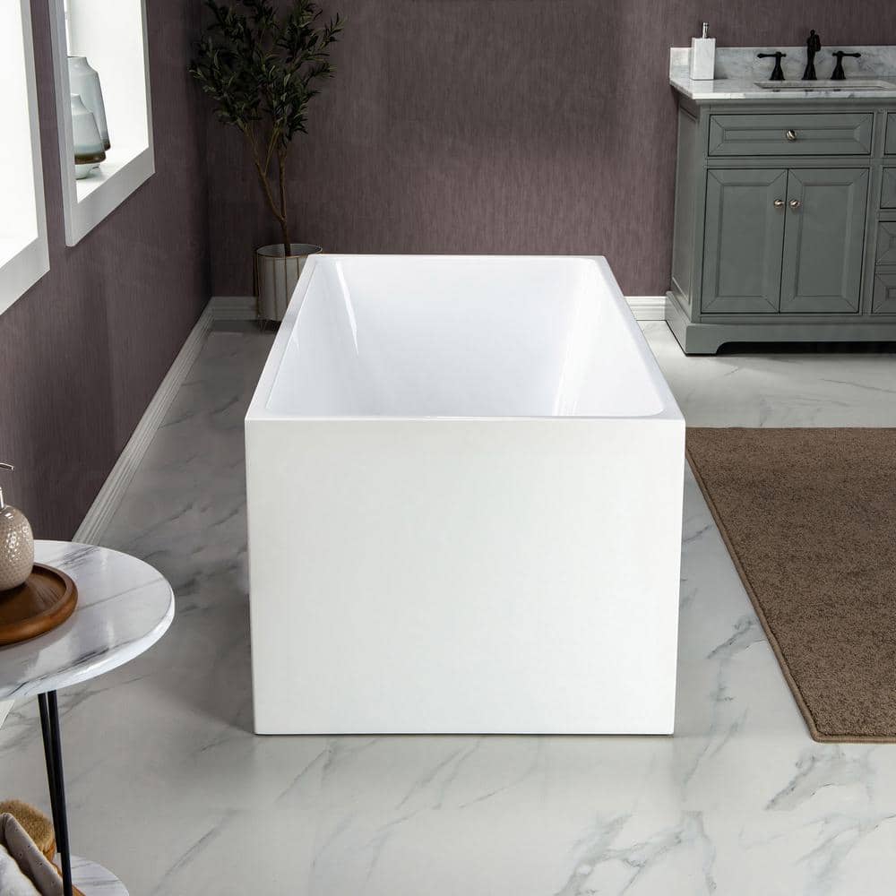 59'' White Acrylic Freestanding Rectangular Soaking Bathtub