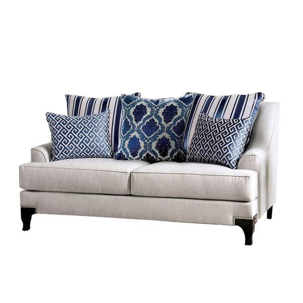 Benjara 37 in. Gray Solid Print Fabric 2-Seater Loveseat with Throw Pillows
