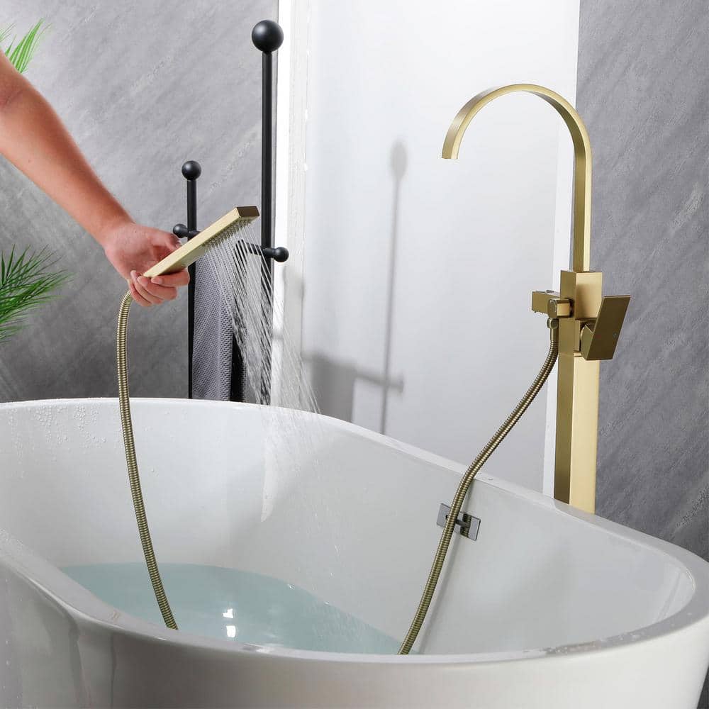 Brushed Gold Brass Waterfall Floor Mount Freestanding Tub Faucet