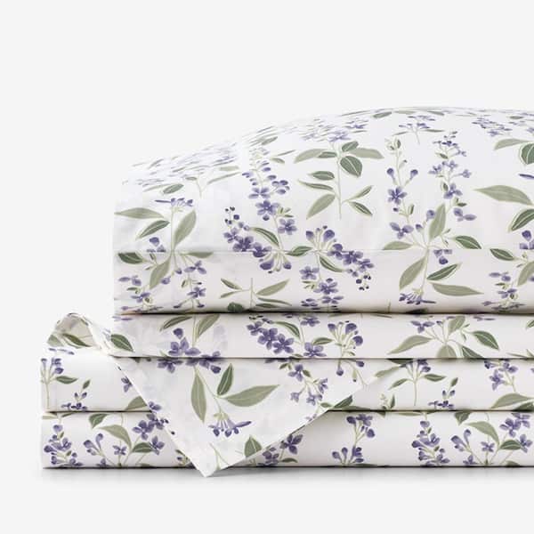 Garden Mist Classic Cool Cotton Percale Bed Sheet Set - Leaf Purple Multi, Queen